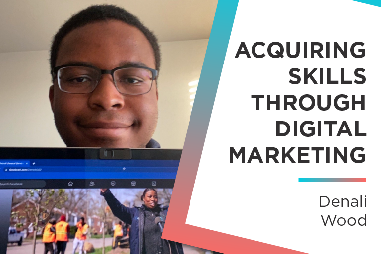 Information Science student Denali Wood holds up laptop showing work from his internship This is paired with text that reads "acquiring skills through digital marketing."