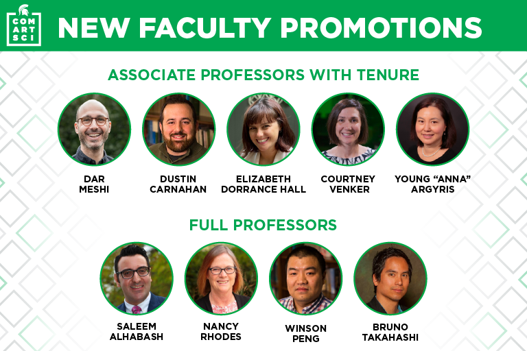 New ComArtSci Faculty Promotions | Associate professors with tenure - Dar Meshi, Dustin Carnahan, Elizabeth Dorrance Hall, Courtney Venker, Young “Anna” Argyris | Full professors - Saleem Alhabash, Nancy Rhodes, Wilson Peng, Bruno Takahashi 