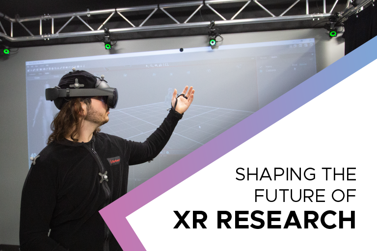 A person in a motion capture suit moves their arms. Text reads: Shaping the future of XR research.