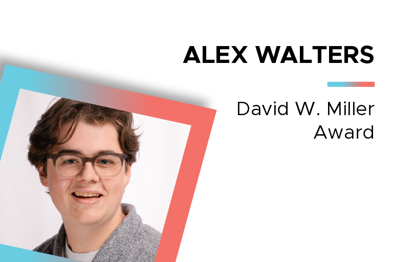 The image displays Walters wearing glasses and a gray sweater, framed by an offset blue and red square. The text reads "Alex Walters - David W. Miller Award. "